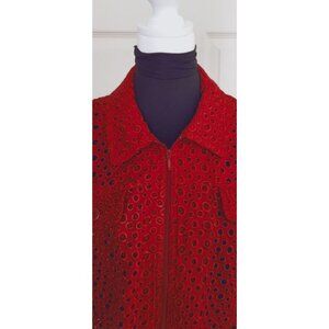 Multiples XL Womens Jacket Linen Blend Red Zip Closure Embroidered Circles